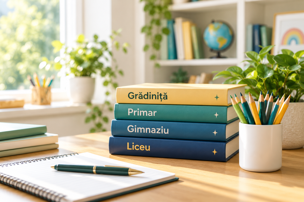 Cărți pentru grădiniță, primar, gimnaziu și liceu, alături de creioane și un caiet